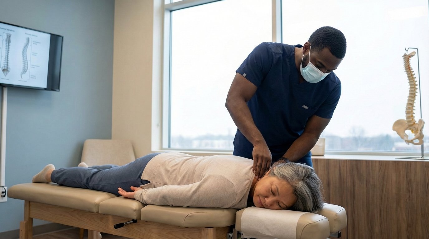 Professional chiropractor performing spinal adjustment